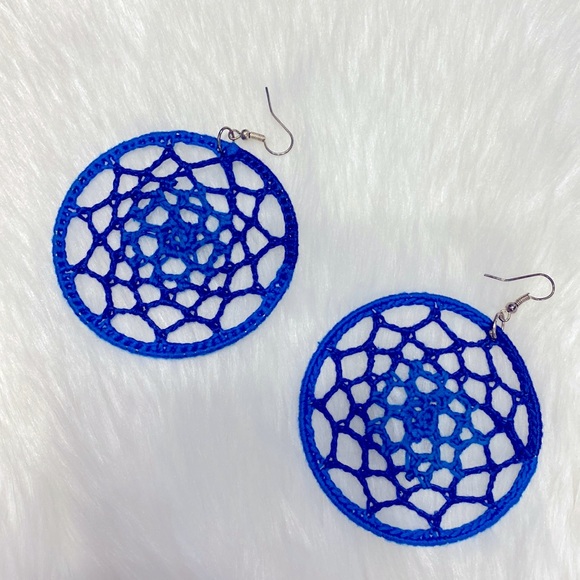 Handcrafted Crochet Webbed Shaded Blue Pair of Hoops Earrings One of A Kind ! - Picture 2 of 5